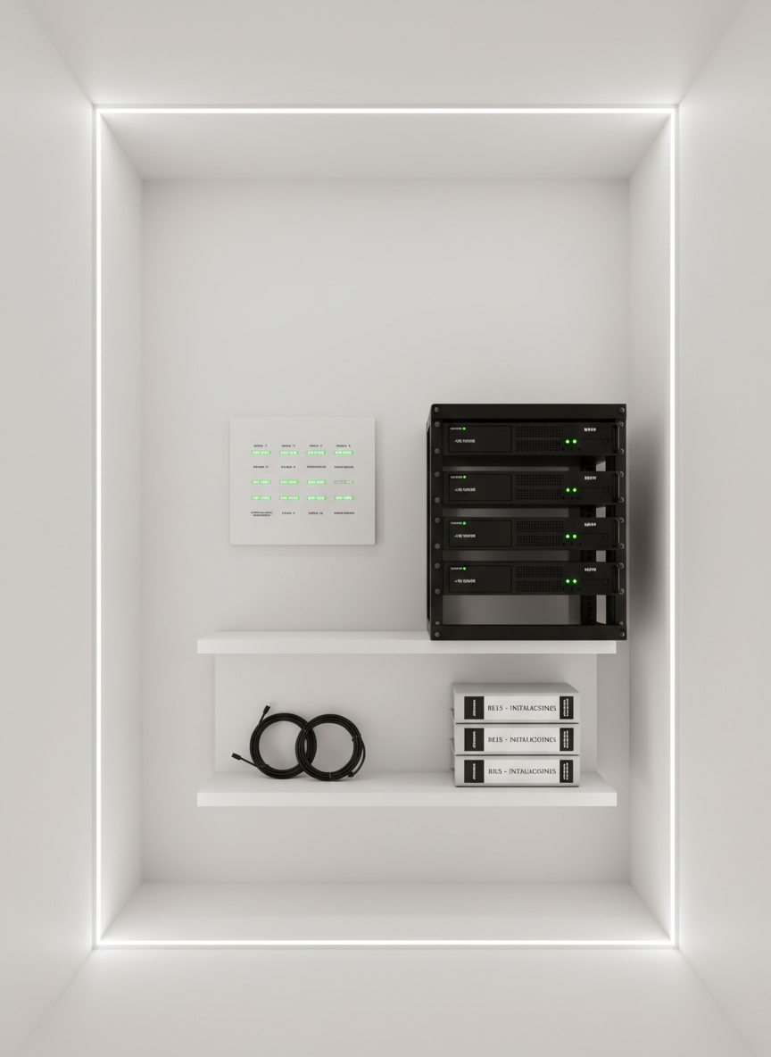 A precise, overhead photographic realism view of a small control room corner dedicated to alarm and CCTV systems. On a matte white wall, a cleanly installed alarm central panel with labeled zones is mounted beside a tidy rack of DVR/NVR units, all with subtle LED status indicators glowing green. Below, a minimalist floating shelf holds coiled camera cables and neatly stacked documentation binders labeled “Reus – Instalaciones.” Neutral, cool LED strip lighting runs along the ceiling edge, producing soft, shadowless illumination. The composition emphasizes symmetry and order, with crisp lines and minimal decor, creating a calm, highly professional atmosphere focused on reliability and technical competence.