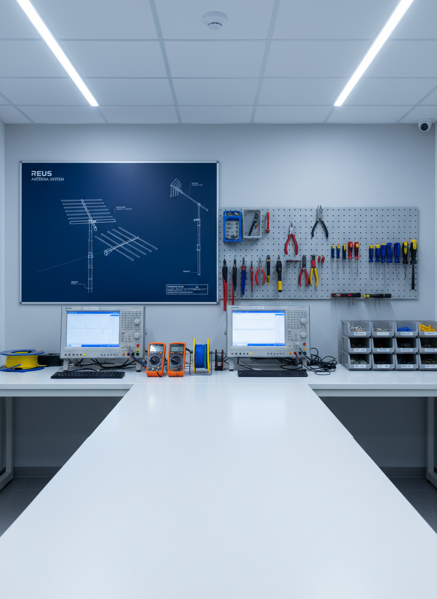 A meticulously organized telecommunications workshop interior in photographic realism, featuring a clean white workbench with neatly arranged spectrum analyzers, digital multimeters, coaxial cable spools, and labeled connectors. On the back wall, a large blueprint-style diagram of an antenna system in Reus is pinned against a light gray surface, next to a rack of clearly ordered tools. Cool, even LED ceiling lighting illuminates every detail, creating crisp reflections on metallic surfaces and subtle shadows under equipment. Captured at eye level with sharp focus throughout, the composition follows a clean, modern aesthetic that feels professional and trustworthy, emphasizing precision, order, and technical expertise in antenna, alarm, and CCTV installations.