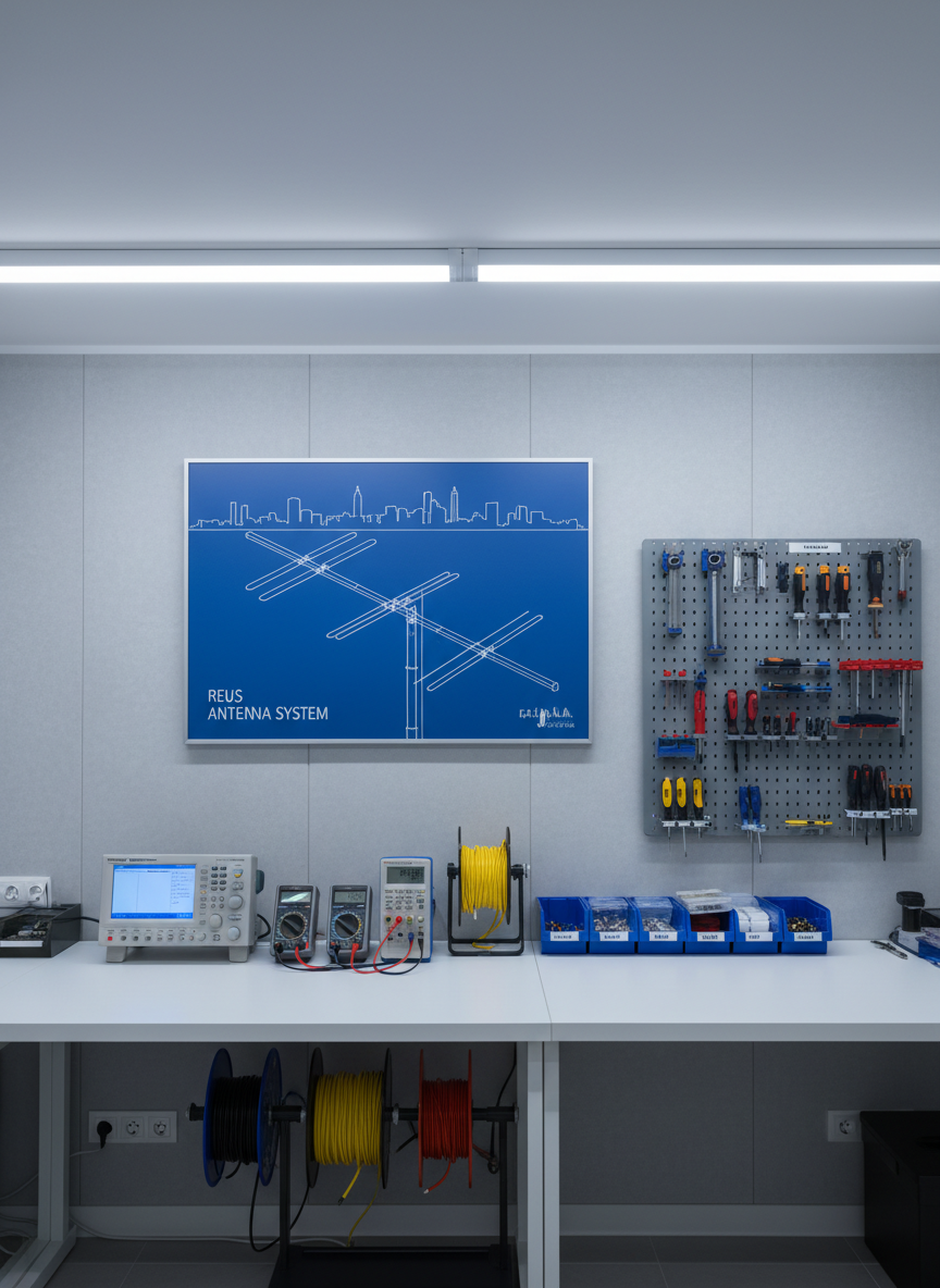 A meticulously organized telecommunications workshop interior in photographic realism, featuring a clean white workbench with neatly arranged spectrum analyzers, digital multimeters, coaxial cable spools, and labeled connectors. On the back wall, a large blueprint-style diagram of an antenna system in Reus is pinned against a light gray surface, next to a rack of clearly ordered tools. Cool, even LED ceiling lighting illuminates every detail, creating crisp reflections on metallic surfaces and subtle shadows under equipment. Captured at eye level with sharp focus throughout, the composition follows a clean, modern aesthetic that feels professional and trustworthy, emphasizing precision, order, and technical expertise in antenna, alarm, and CCTV installations.