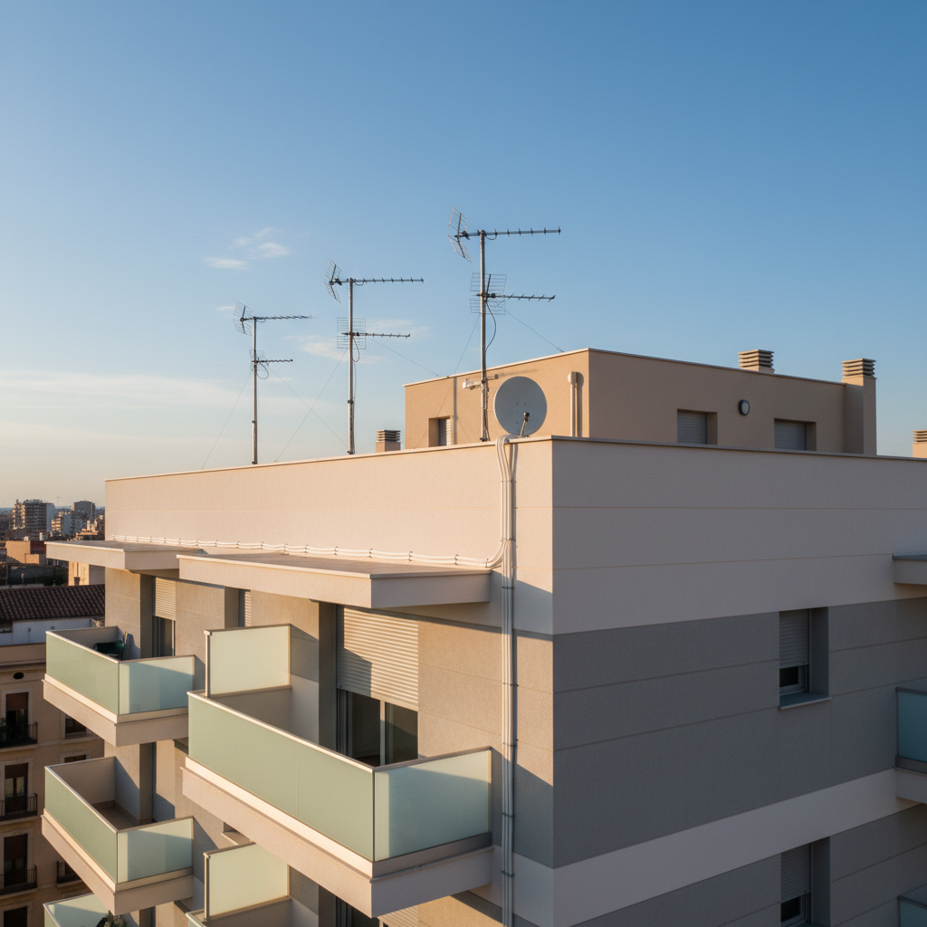 A modern residential building façade in Reus captured in photographic realism, with multiple balconies and a crisp, freshly painted exterior in soft beige and stone gray tones. On the rooftop, a perfectly aligned array of TV antennas and a small parabolic dish stand on sturdy galvanized masts, with coaxial cables routed cleanly along a white parapet. Late afternoon Mediterranean sunlight casts warm, directional light, creating gentle shadows that emphasize the hardware’s clean installation. Shot from a slightly low angle to showcase the skyline and antennas clearly, with sharp focus and a professional, orderly mood that conveys reliable telecom installation services without any human presence.