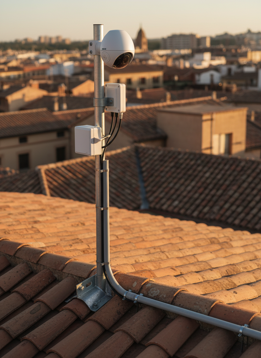 A detailed photographic realism scene of a tiled rooftop in Reus, with curved terracotta tiles and distant city rooftops gently blurred in the background. In the foreground, a new white CCTV dome camera and a compact directional antenna are securely mounted on a galvanized mast fixed to the tiles with a robust bracket. UV-resistant black coaxial and network cables run in a perfectly straight conduit, firmly clipped at regular intervals. Warm, low-angle golden hour sunlight highlights the textures of the terracotta and the glossy camera dome, casting soft, elongated shadows. Captured from a slightly elevated perspective, the composition balances technical hardware with the Mediterranean urban setting, conveying discreet, professional surveillance and telecom integration.