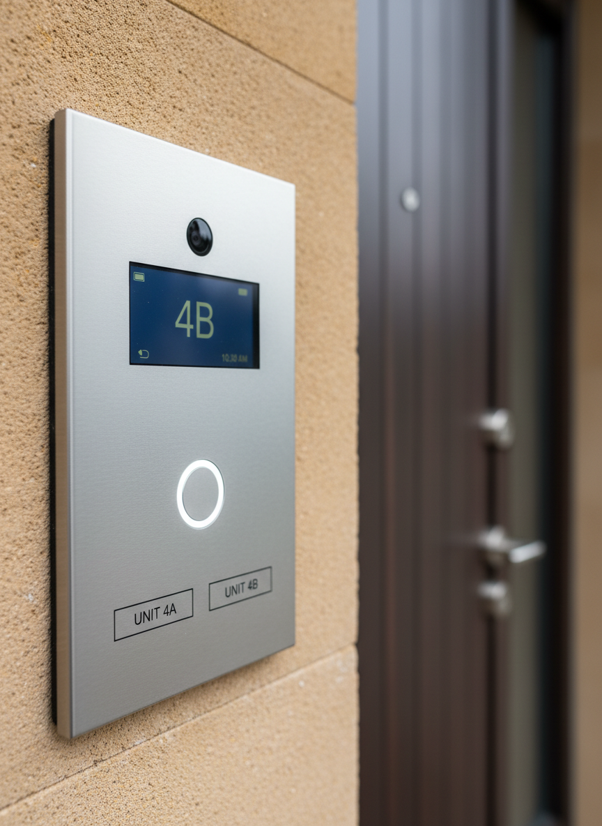 A close-up, photographic realism shot of a sleek, metallic video intercom panel flush-mounted beside a modern apartment entrance door. The brushed stainless-steel surface features a clear color display, illuminated call button, discreet camera lens, and engraved apartment labels, all perfectly aligned. The textured stone wall around it is a warm sandstone tone, adding subtle contrast. Soft, diffused daylight from an overcast sky minimizes harsh reflections, revealing fine details without glare. Framed in a tight, centered composition at eye level with a shallow depth of field, the intercom is in razor-sharp focus while the doorway and corridor recede into a clean, blurred background, conveying security, clarity, and professional installation quality.